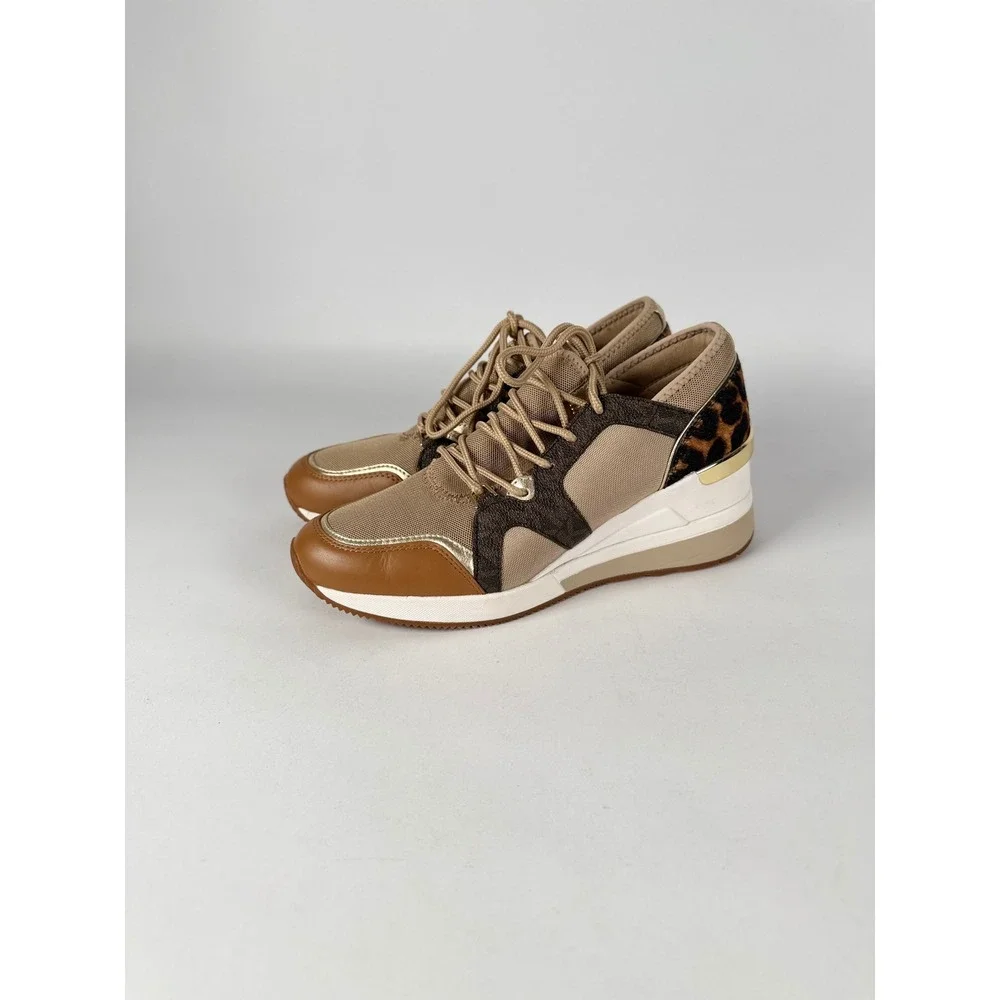 Michael Kors Georgie Wedge Sneakers Leopard Print Gold Tan HJ19F‎ Womens 7.5M